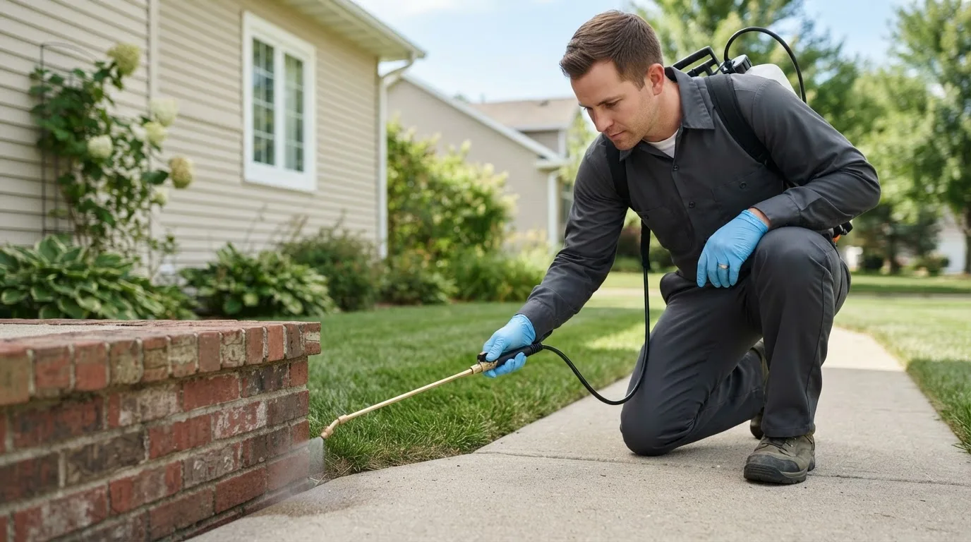 Pest control technician treating a home near Newkirk, NM