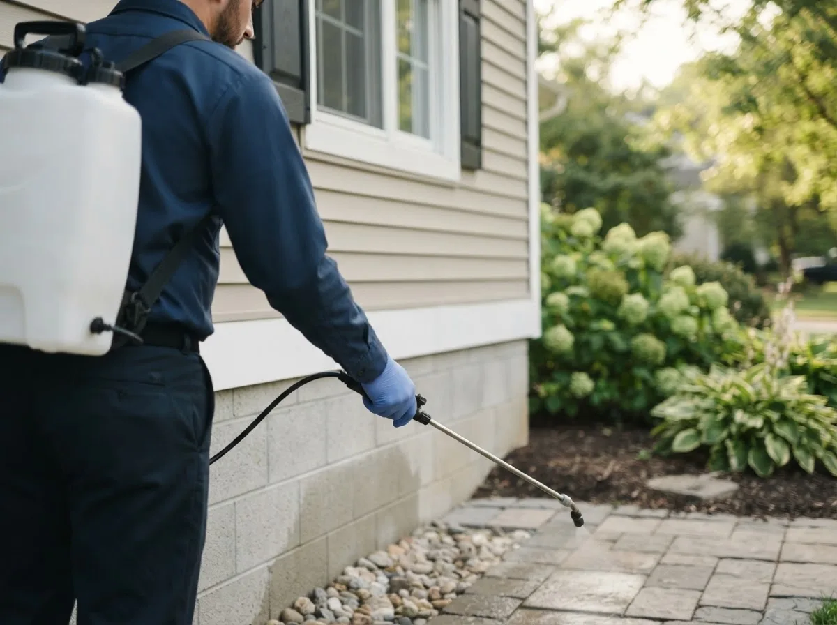 Pest control technician inspecting a home in Newkirk, NM